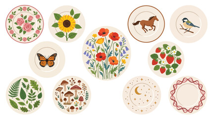 A collection of decorative plates featuring various nature-inspired designs including flowers, animals, and celestial motifs. © tr