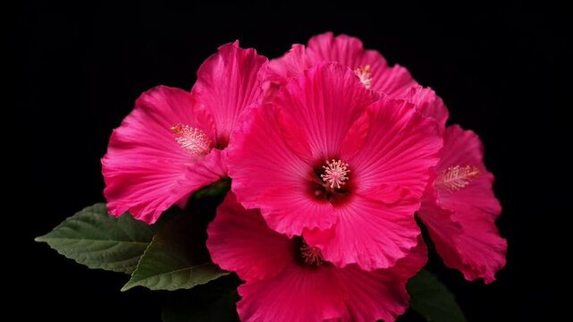 Vibrant pink hibiscus flowers bloom with delicate petals and green leaves against a dark background close up studio shot