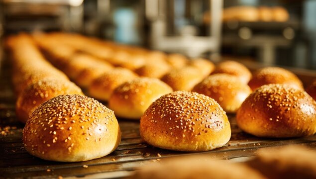 Freshly baked buns on a conveyor belt in a bakery (1)