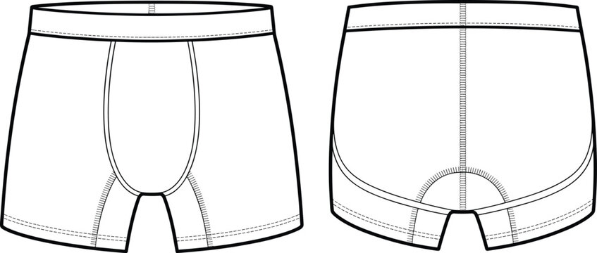 Men boxer briefs underwear template, male underpants technical drawing front and back apparel mockup &ndash; cad drawing flat vector illustration