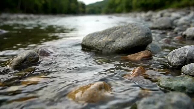 A calm river scene featuring various stones in shallow water, and a blurred background of the natural environment