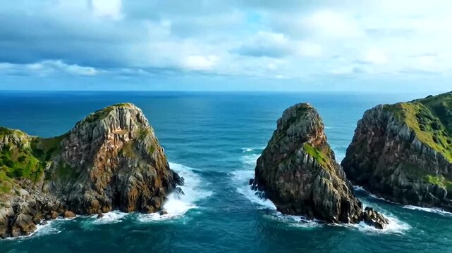 A scenic view of rock formations in the ocean under a cloudy sky. The ocean is clear and blue, and the rock formations are covered in vegetation. It's a beautiful, natural scene