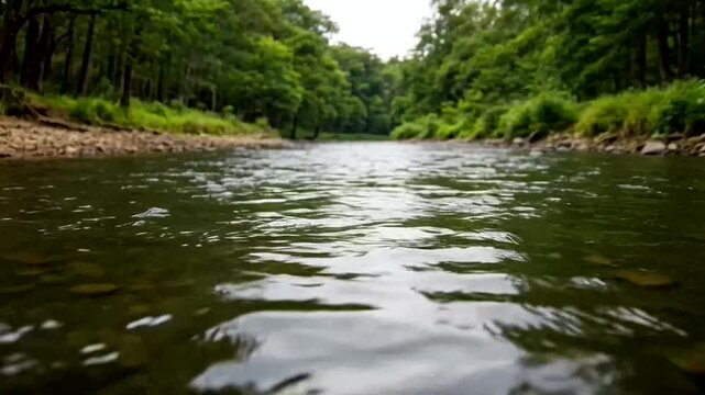 A tranquil river winding through a lush green forest, reflecting the sky above 
