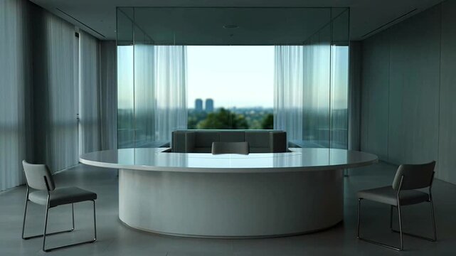 Modern and spacious boardroom with a large window and elegant decor. The room exudes sophistication and professionalism