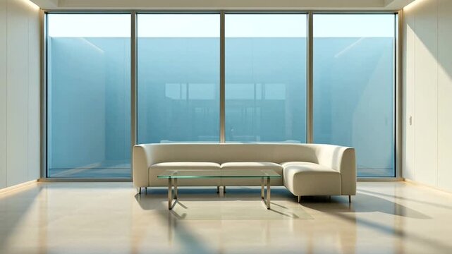 A modern living space with a panoramic view through large windows and contemporary furniture. The focal point of the space is a stylish sofa and a glass coffee table.