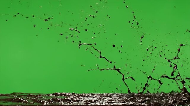 Dynamic Dark Brown Mud Splash with Droplets and Splatter Effect Against a Vibrant Green Screen Background