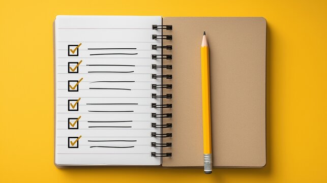 Overhead view of an open spiral notebook with a yellow pencil on a bright yellow background, showing a completed task list with gold check marks for creative planning and goal setting.