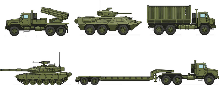 Military Vehicle Set with Main Battle Tank Rocket Launcher Armored Personnel Carrier Transport Truck and Lowboy Trailer Flat Vector Illustrations