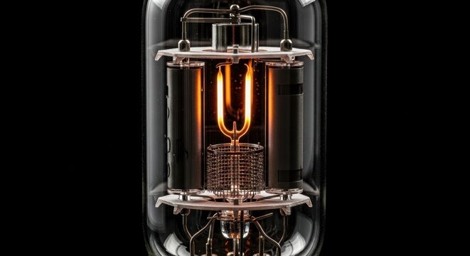 Close Up Of Glowing Vacuum Tube Filament With Intricate Metal Components And Glass Housing On Black Background