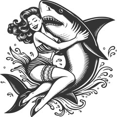 Naklejka premium Pinup girl hugging shark vintage engraving illustration