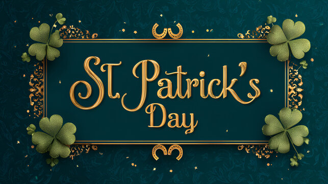 St patricks day text on teal background with gold trim