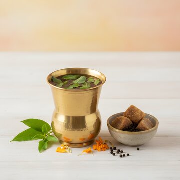 Panakam prasadam in brass cup with jaggery cubes and black pepper