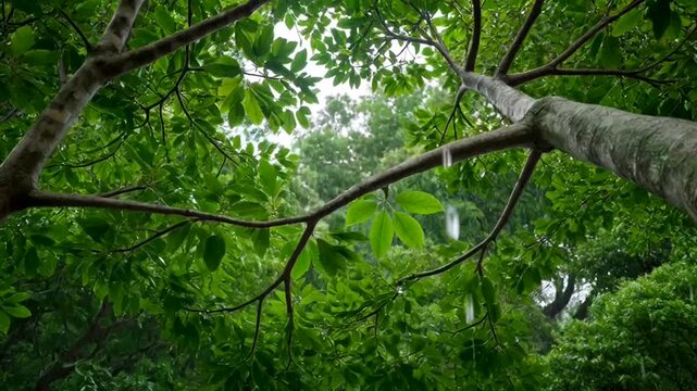 A low-angle shot showcases a canopy of lush green trees, creating a sense of natural beauty and serenity. The verdant leaves form a captivating pattern against the sky