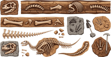 Dinosaur Fossil Bones and Excavation Layers Collection with Prehistoric Skeleton Remains Archaeology Digging Tools and Paleontology Discovery Illustration Set © MD