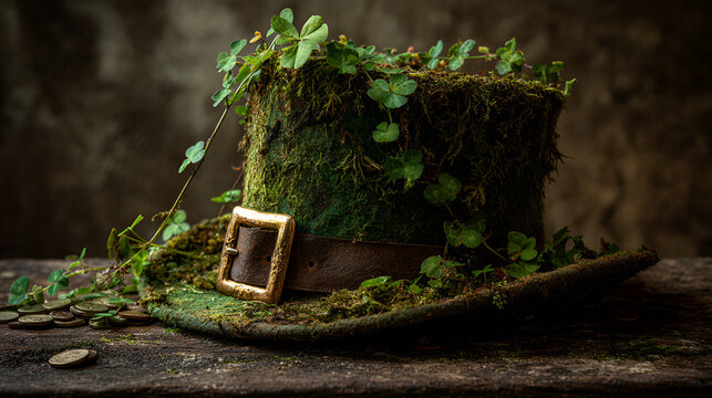 Moss covered leprechaun hat with ivy growing in forest