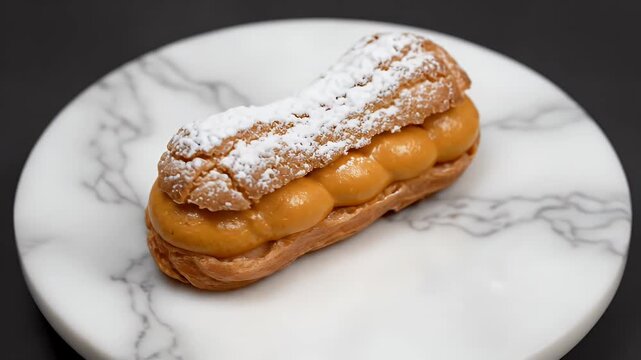 Elegant Eclair Dessert With Cream Filling And Powdered Sugar On Marble Plate Studio Shot