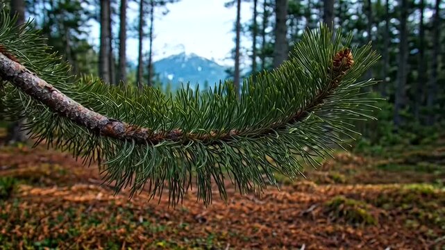 Pine Branch and Forest: A close-up of a vibrant pine branch showcases intricate details of its needles against the backdrop of a dense, lush forest and serene atmosphere.