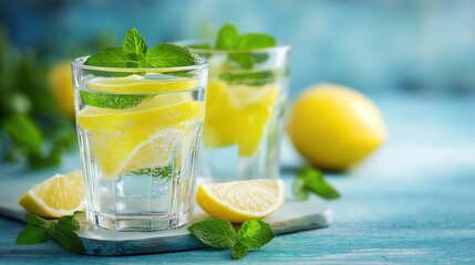 Fototapeta premium Close up of sparkling lemonade with fresh mint and lemon slices in glasses on wooden board for refreshing summer drink, healthy citrus beverage, and cold mojito cocktail concept.