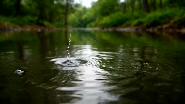 Tranquil Ripple: A close-up view captures the mesmerizing dance of a single water droplet creating a ripple on the surface of a serene lake.