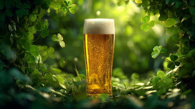 Glass of golden beer in a sunny green garden surrounded by fresh shamrocks