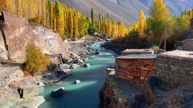Cinematic 4K horizontal footage of Majestic Autumn Landscape of Gupis Valley with Winding Gilgit River and Golden Poplar Trees, Gilgit-Baltistan, Pakistan