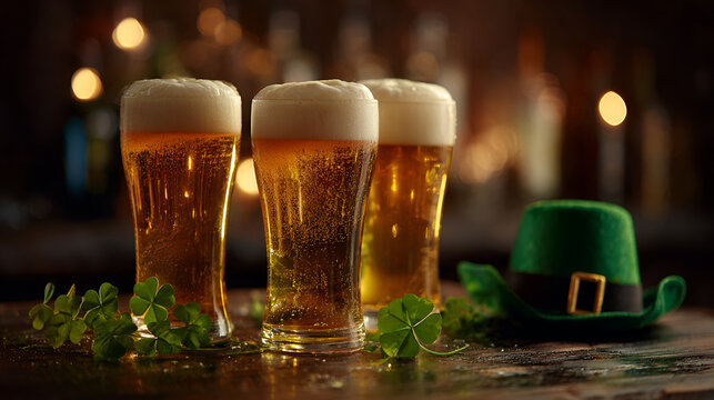 Three glasses of beer on a wooden table with festive st patricks day decorations and bokeh background