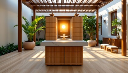 The image depicts a modern outdoor patio area with a minimalist design