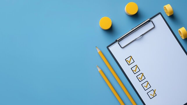 High angle view of a white clipboard with yellow check marks, pencils and small containers on a blue background, representing productivity, survey, task management and completion.