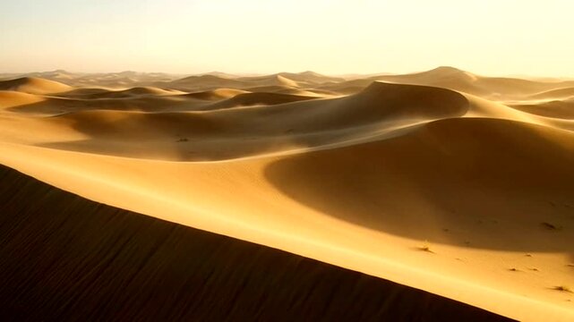 Golden Sands of the Desert: A panoramic view of rolling sand dunes bathed in the warm, ethereal glow of the desert sun, creating a breathtaking landscape of serenity and vastness.