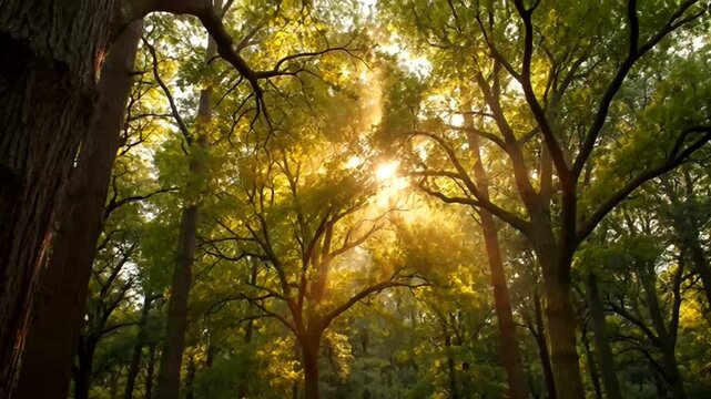 Sunlit Canopy: The sun streams through a dense forest canopy, casting a golden glow upon the lush green leaves and sturdy tree trunks.