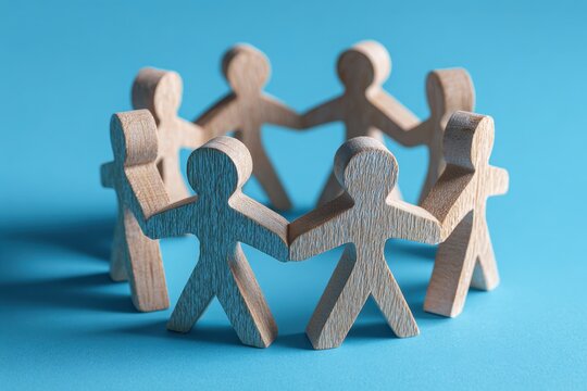Circle of Unity: A symbolic representation of community and connection, with small wooden figures forming a harmonious circle, symbolizing inclusivity and togetherness on a minimalist blue backdrop.