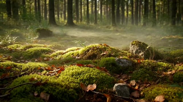 Sun-Dappled Forest Floor: A verdant forest floor carpeted with lush moss, rocks, and the sun's gentle touch, the air thick with mystery and enchantment, a secluded paradise.