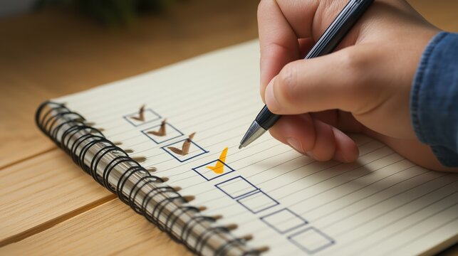 Person marking a task list in a notebook with an orange highlight, focusing on priority management, productivity, and organizing daily professional or student activities.
