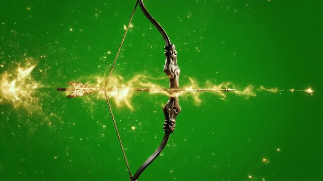 Fantasy Composite Bow with Golden Arrow Drawn Back and Charged with Electric Energy on Green Screen Background Isolated Footage