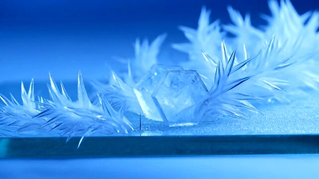 Ice Crystal Formation: Captivating macro shot revealing intricate patterns, showcasing delicate ice crystals illuminated with cool blue hues, symbolizing the wonders of science and nature's artistry.