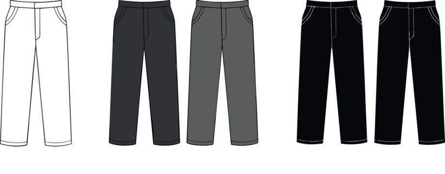 Minimalist pants design template set with front views in multiple colors for fashion apparel mockup and clothing design