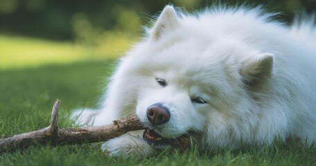 Obraz premium The Samoyed dog chewing a stick on green grass in soft sunlight