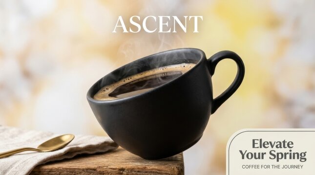 Steaming Black Coffee Cup on Wooden Surface with Ascent Logo