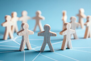 Teamwork in Abstract: A conceptual depiction of unity and interconnectedness. Wooden figures symbolize individuals connected through a network, emphasizing collaboration and shared purpose.