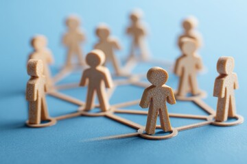 Connected: Network of wooden figures linked together representing concepts of unity, relationships, and the interconnectedness of people. 