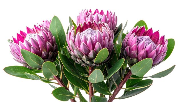 A close-up showcases a bouquet of vibrant, deep pink and purple blossoms with green leaves, set against a stark white backdrop