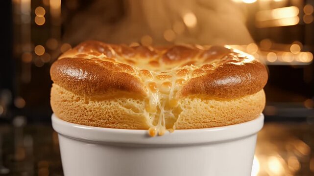 Golden Brown Cheese Souffle Rising in White Ramekin Freshly Baked in Oven with Steam Visible Warm Interior Lighting