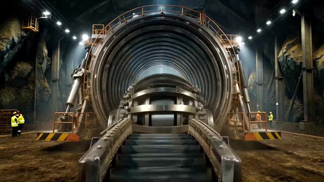 Tunneling Machine: An awe-inspiring image showcases a massive, state-of-the-art tunneling machine, a symbol of engineering prowess, meticulously constructed within a cavernous space