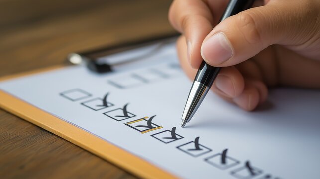Hand checking items on a clipboard with a black pen, symbolizing a thorough inspection, inventory management, or completing a rigorous business evaluation process.