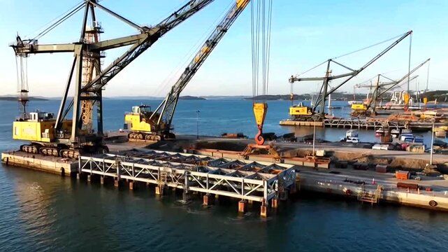 Industrial Marvel at Dock: A vibrant depiction of heavy machinery at a dock, showcasing the intricate processes of construction and engineering. Capturing the essence of hard work and industry.