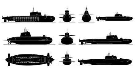 Obraz premium Modern Naval Submarine Fleet Multi-Angle Vector Silhouette 2026