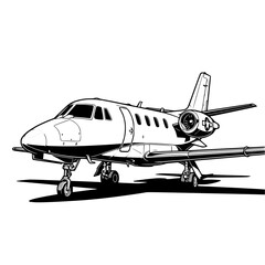 Elegant black and white illustration of a small business jet on the ground, ideal for luxury travel and aviation themed designs. © sketsa