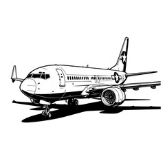 Clean black and white illustration of a commercial airliner on the ground, ideal for travel, aviation, and transport themed designs. © sketsa