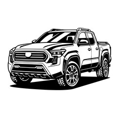 Bold black and white illustration of a pickup truck from front angle, ideal for automotive, adventure, and utility themed designs. © sketsa