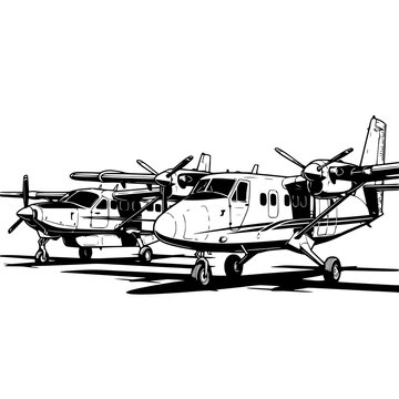 Detailed black and white illustration of a twin-engine propeller aircraft on the ground, ideal for aviation and travel themed designs.